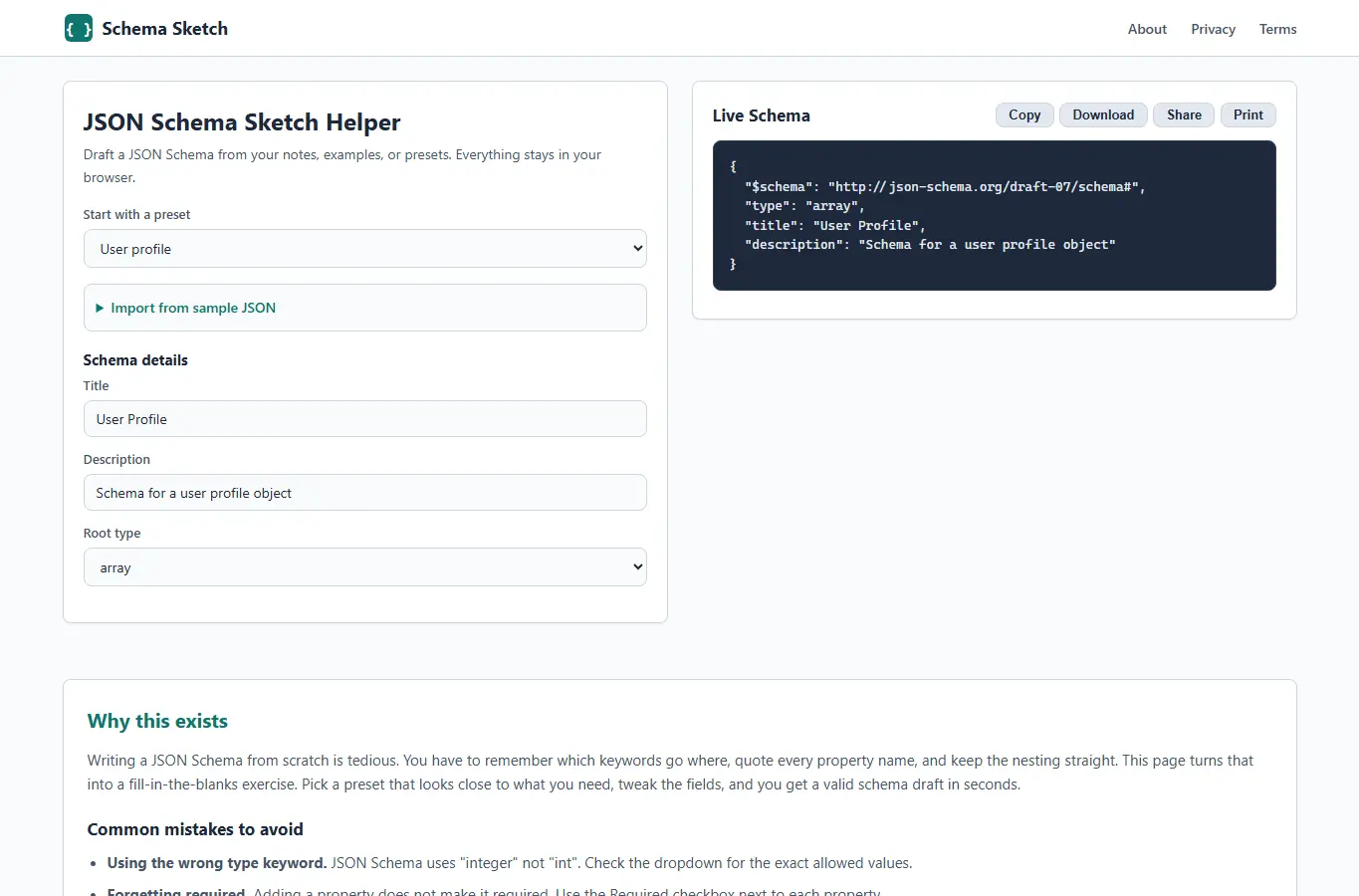 Screenshot of JSON Schema Sketch Helper interface showing the project page in use